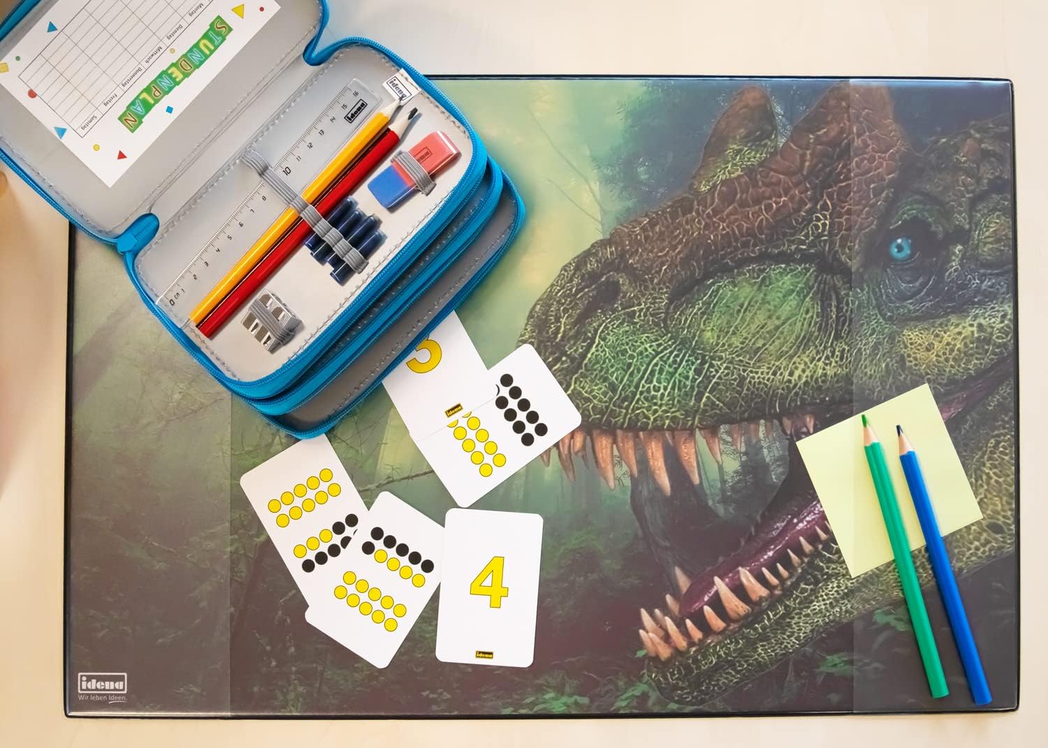 Idena 10452 Desk Mat with Two Pockets, Dinosaur, Approx. 58.5 x 38.5 cm, Practical Accessory for Children, Teenagers and Study