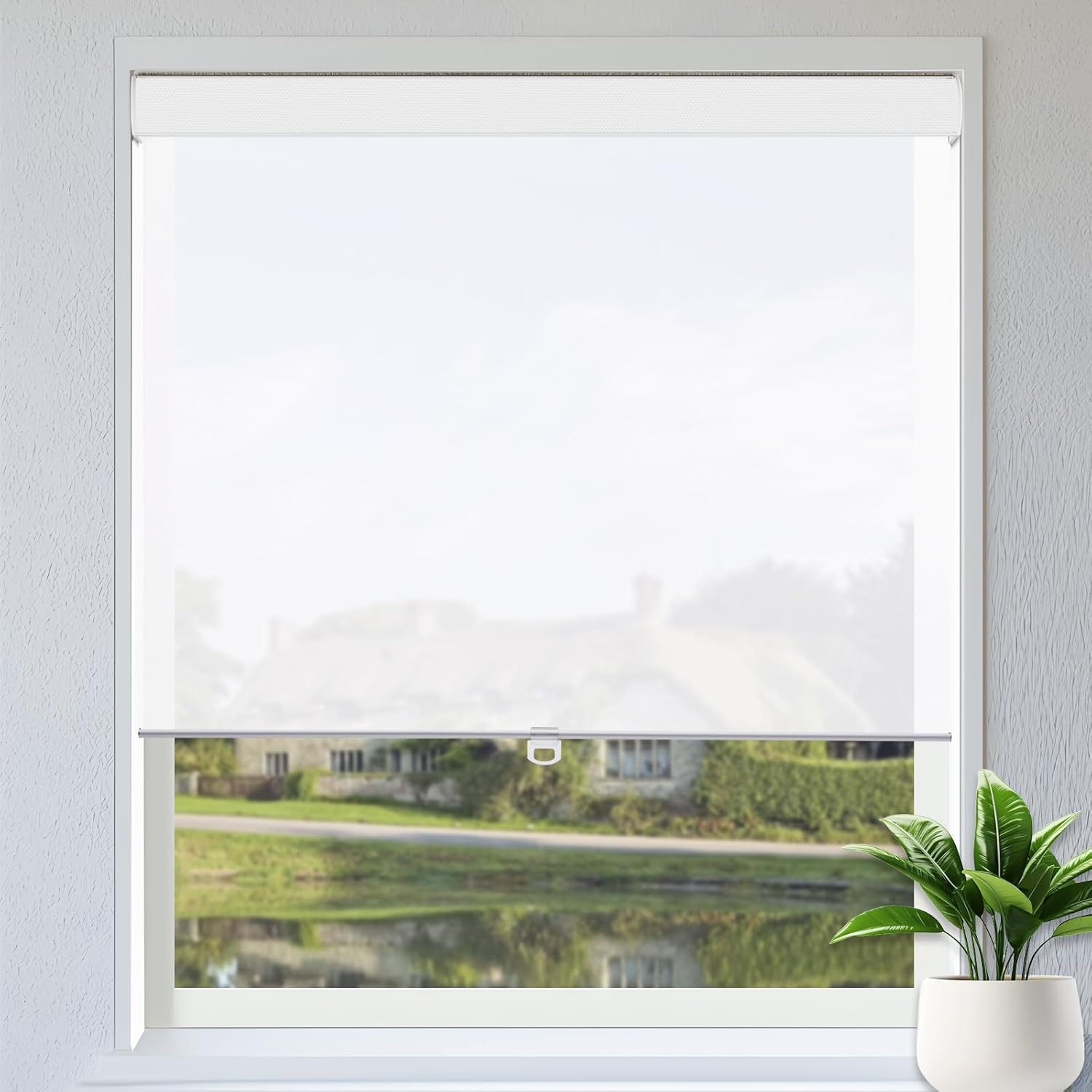 Persilux Custom Size Cordless Solar Blinds Roller Window Shades for Home, 3% Openness UV Protection Fire Retardant View Through Light Filtering Roller Blinds for Windows, Kitchen, Living Room White