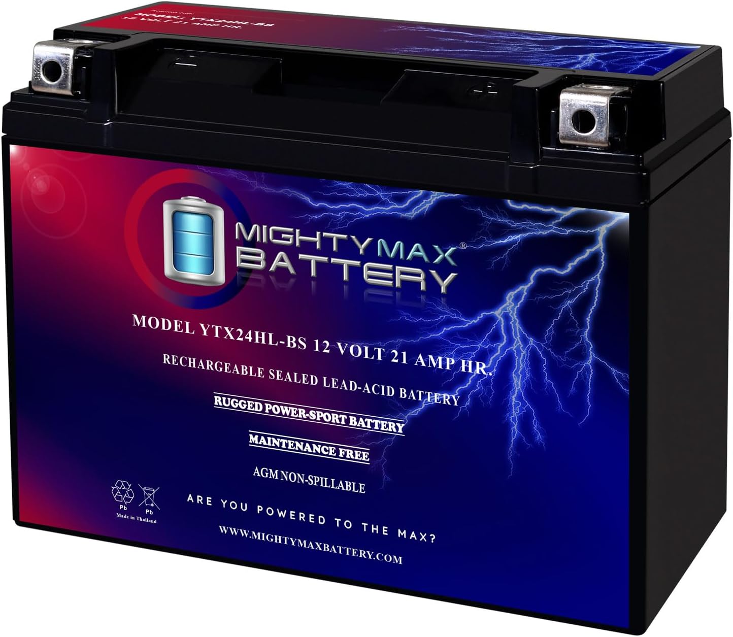 - Mighty Max Battery YTX24HL-BS -12 Volt 21 AH, 350 CCA, Rechargeable Maintenance Free SLA AGM High Rate Series Motorcycle Battery