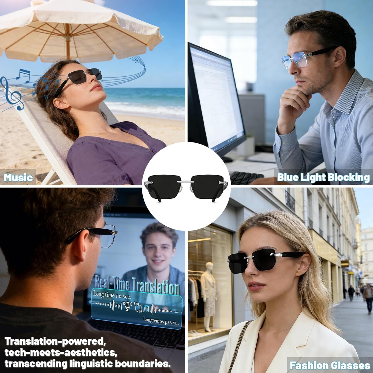 Universal intelligent translation glasses for both men and women - Bluetooth connection, equipped with photochromic lenses, support music playback and hands-free calls, UV and blue light protection.