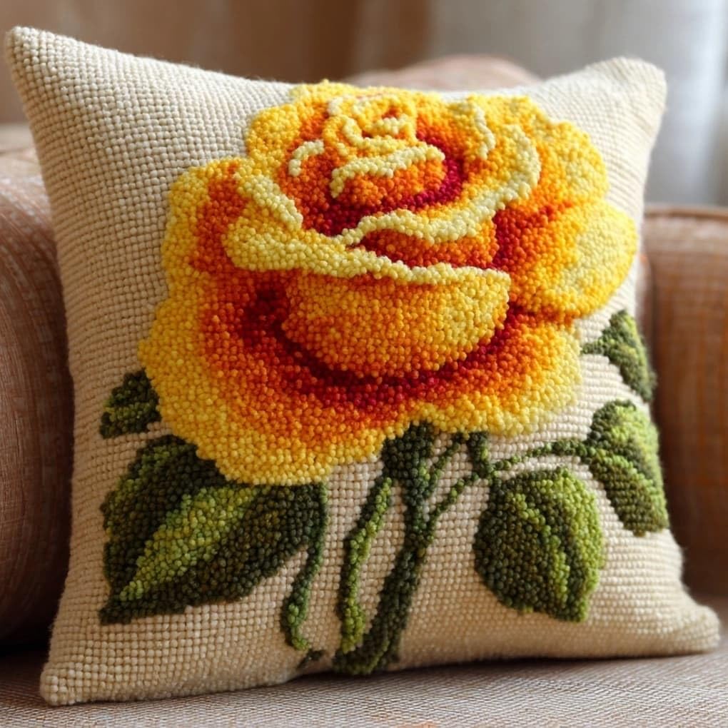 WallustrioaW Latch Hook Pillow Kit -Yellow Rose Embroidery Art Craft Kit - All Ages - Unisex - 43X43Cm