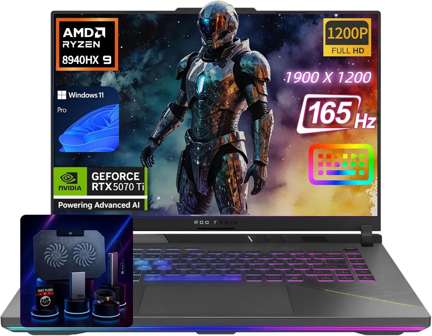 ASUS ROG Strix-G16 Gaming Laptop - 16" 165Hz FHD+, NVIDIA GeForce RTX 5070 Ti, AMD Ryzen 9 8940HX (up to 5.2 GHz), Win11 Pro, Backlit KB, Wi-Fi 6E, w/Accessoires (64GB DDR5 RAM, 4TB SSD)