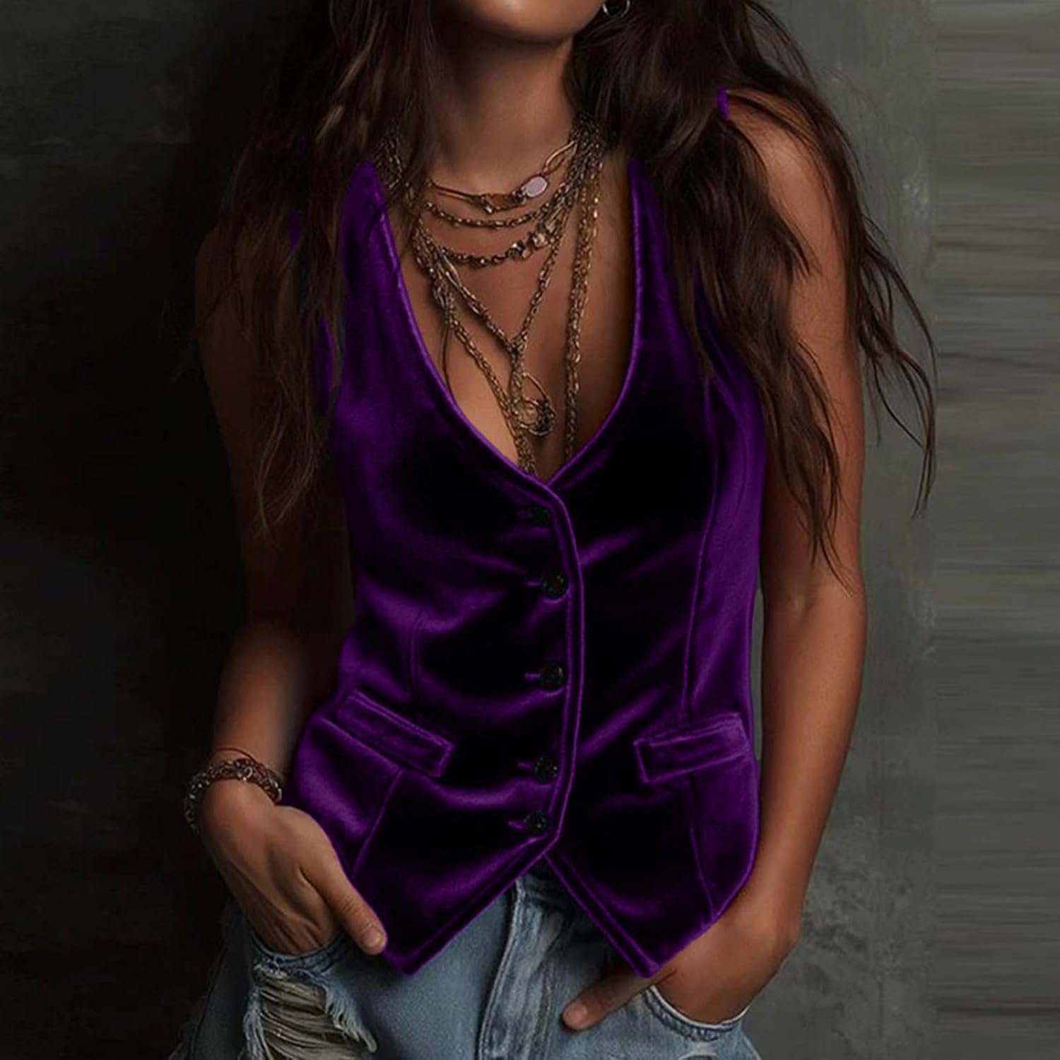 Women's Velvet Vest Tank Tops V-Neck Button Down Suit Vests Sleeveless Dressy Casual Waistcoat Versatile Blazer Vests