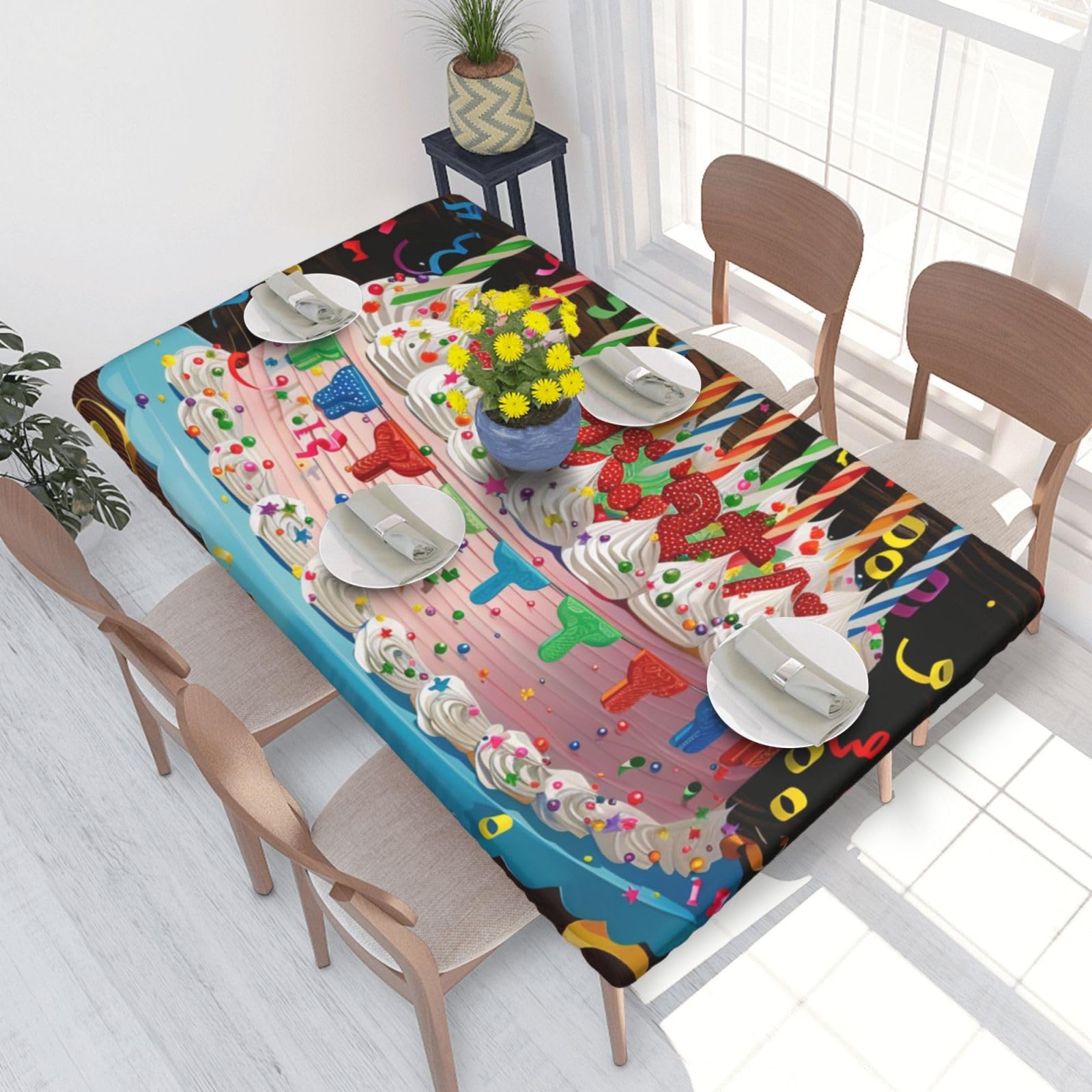 WPKJU Happy Birthday Big Cake Printed Tablecloths 4ft Rectangular Table Covers Washable Polyester Decorative Table Cloth for Dining Table Picnic Wedding
