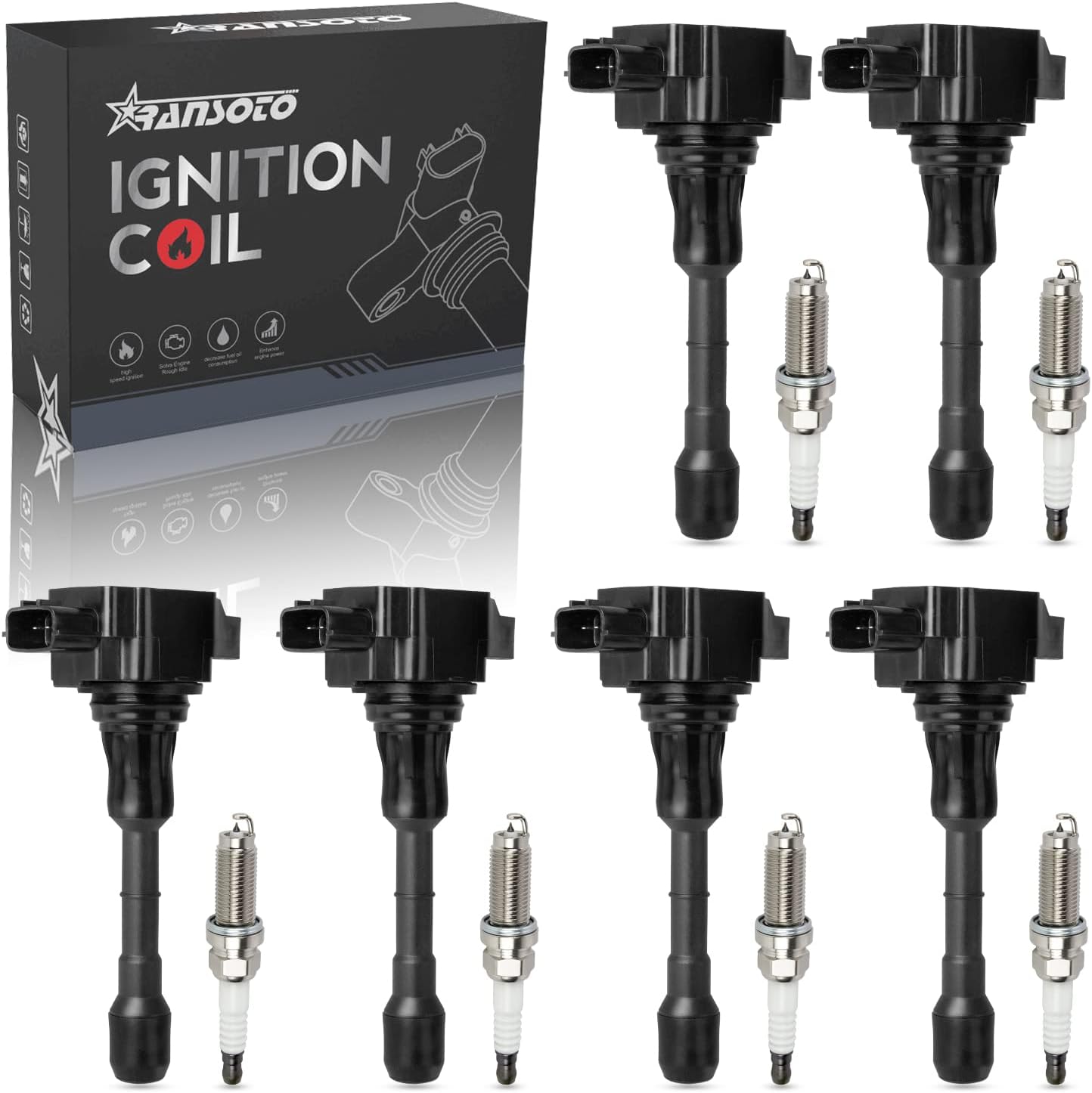 RANSOTO Ignition Coil Pack & 1406 Iridium Spark Plug Compatible with 2007-2020 Nissan Maxima Murano Altima Infiniti EX35 FX35 G25 G35 Q50 QX60 3.5L Replaces UF550 Set of 6