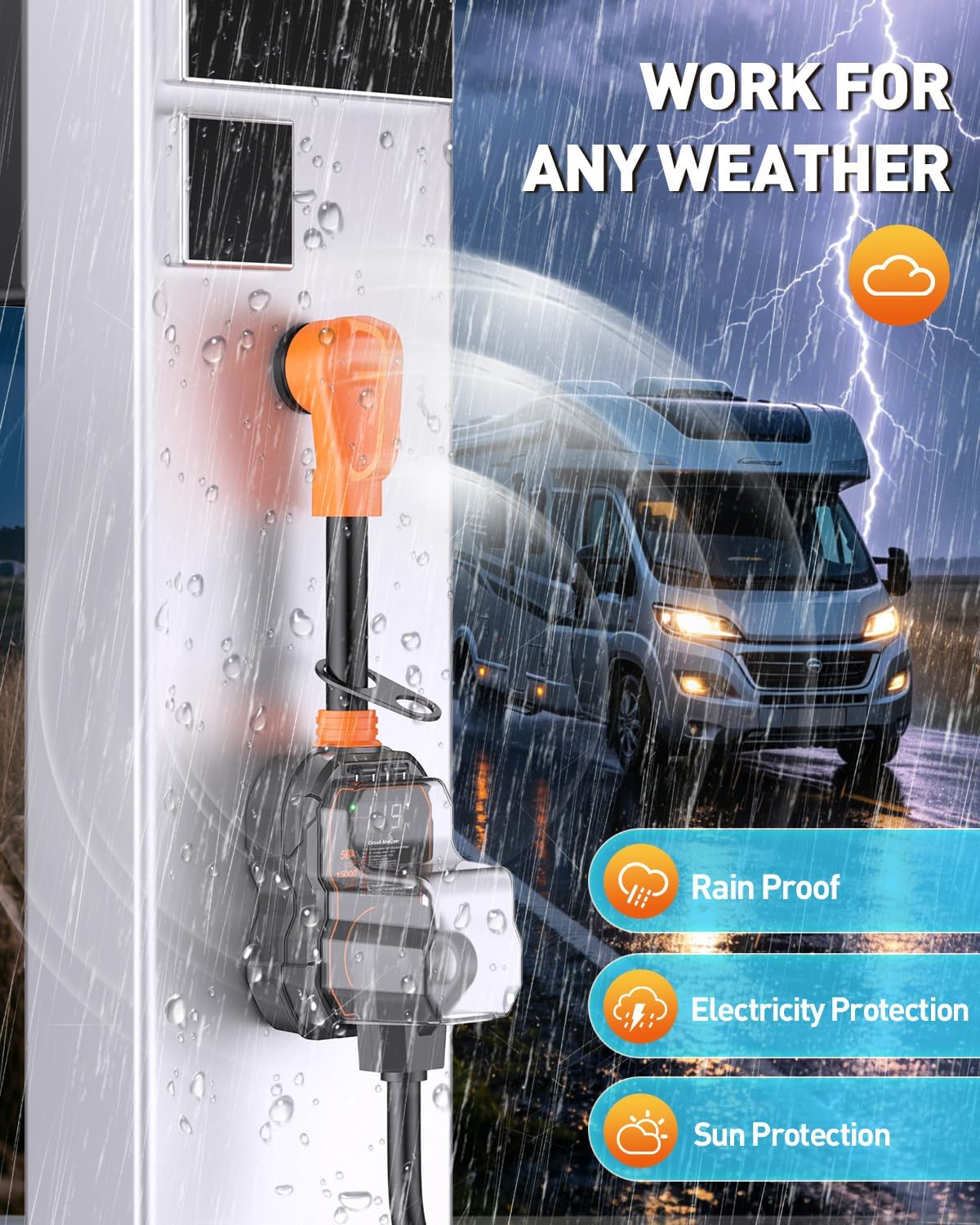 GEARGO 𝐍𝐞𝐰 Smart 50 Amp Surge Protector for RV with LED Display, 15000J Upgraded Power Surges Voltage Protection Circuit Analyze for Camper with Waterpoof Cover (Orange)
