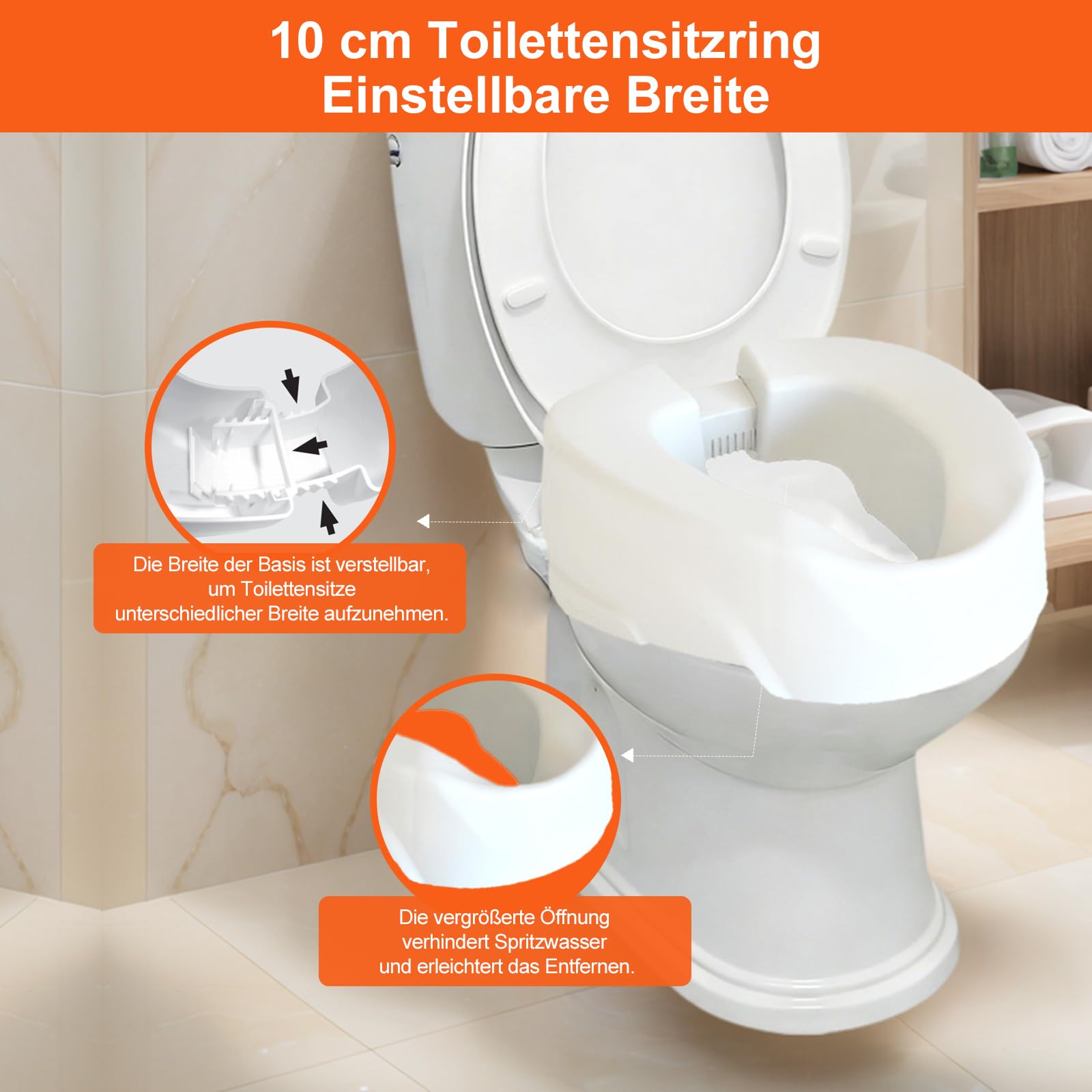 Sedile WC con larghezza regolabile, 10 cm, portata 150 kg, bianco, per disabili, pazienti, donne incinte