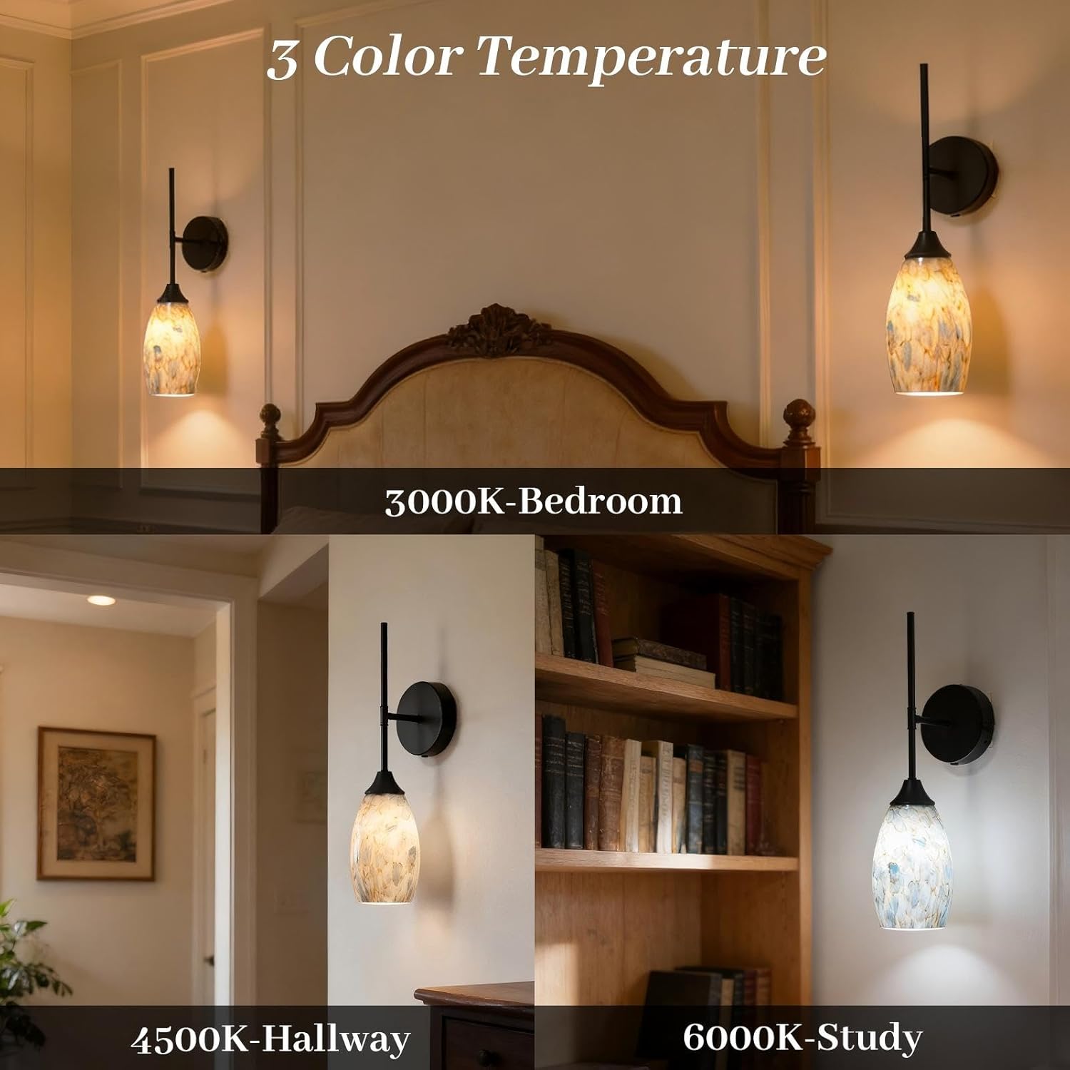 Matte Black Blue Marble Glass Wall Sconces Set of 2,Hardwired Indoor Wall Light Fixtures for Living Room, Hallway, Bedroom, Ceramic E26 Sockets (Bulbs Not Included)