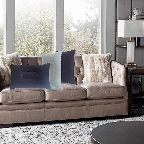 Miniatura 5 de Paquete de 2 almohadas de aire cuadradas de tela flocada gris y azul oscuro, almohada inflable ultraligera para senderismo, deportes al aire libre,