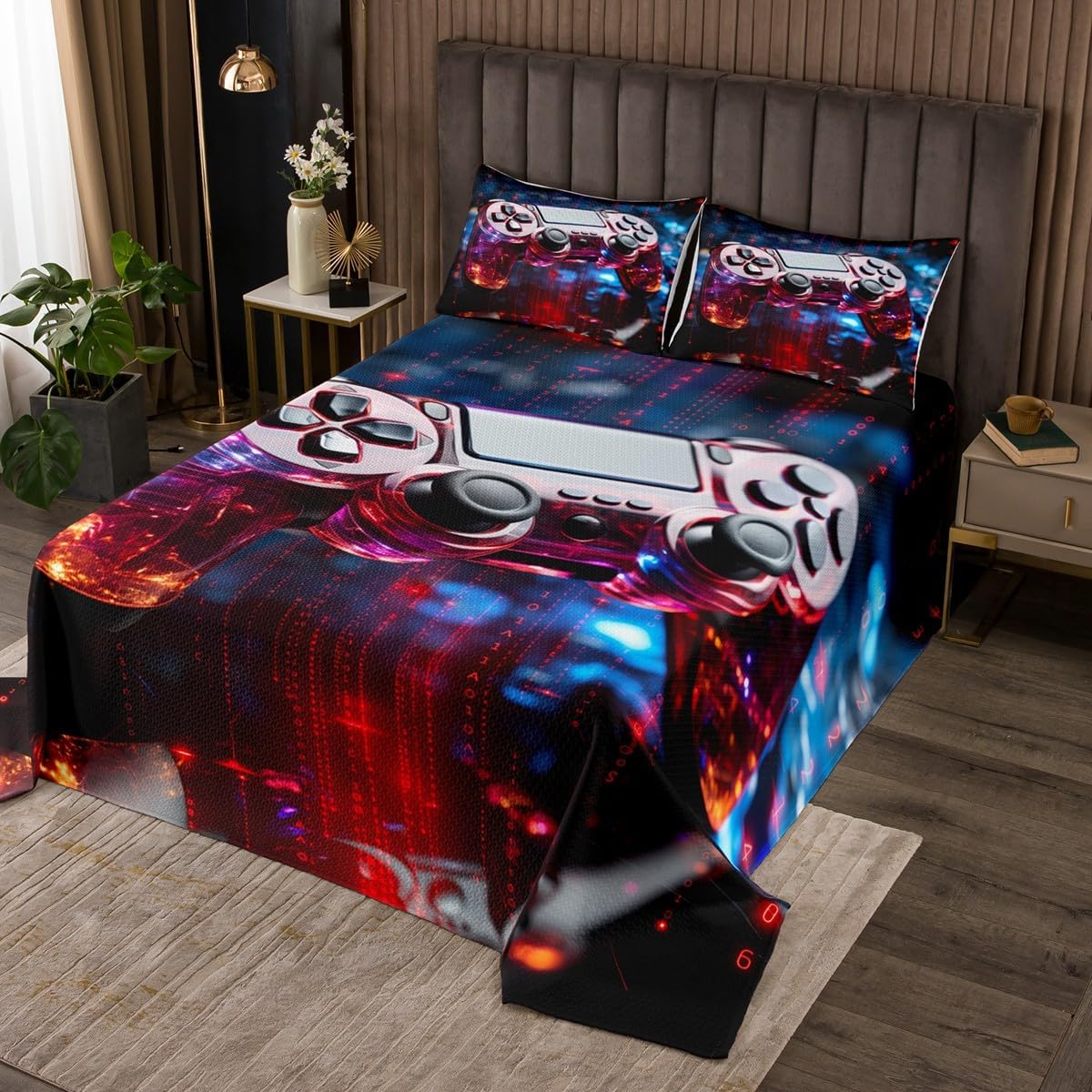Homewish Boys Gaming Decor Bedspread Queen Size,Games Contoller Bedding Set for Kids Girls Teens Room Decor,Video Games Comforter Set Gamepad Gamer Reversible Printed Coverlet Set 3Pcs,2 Pillowcases