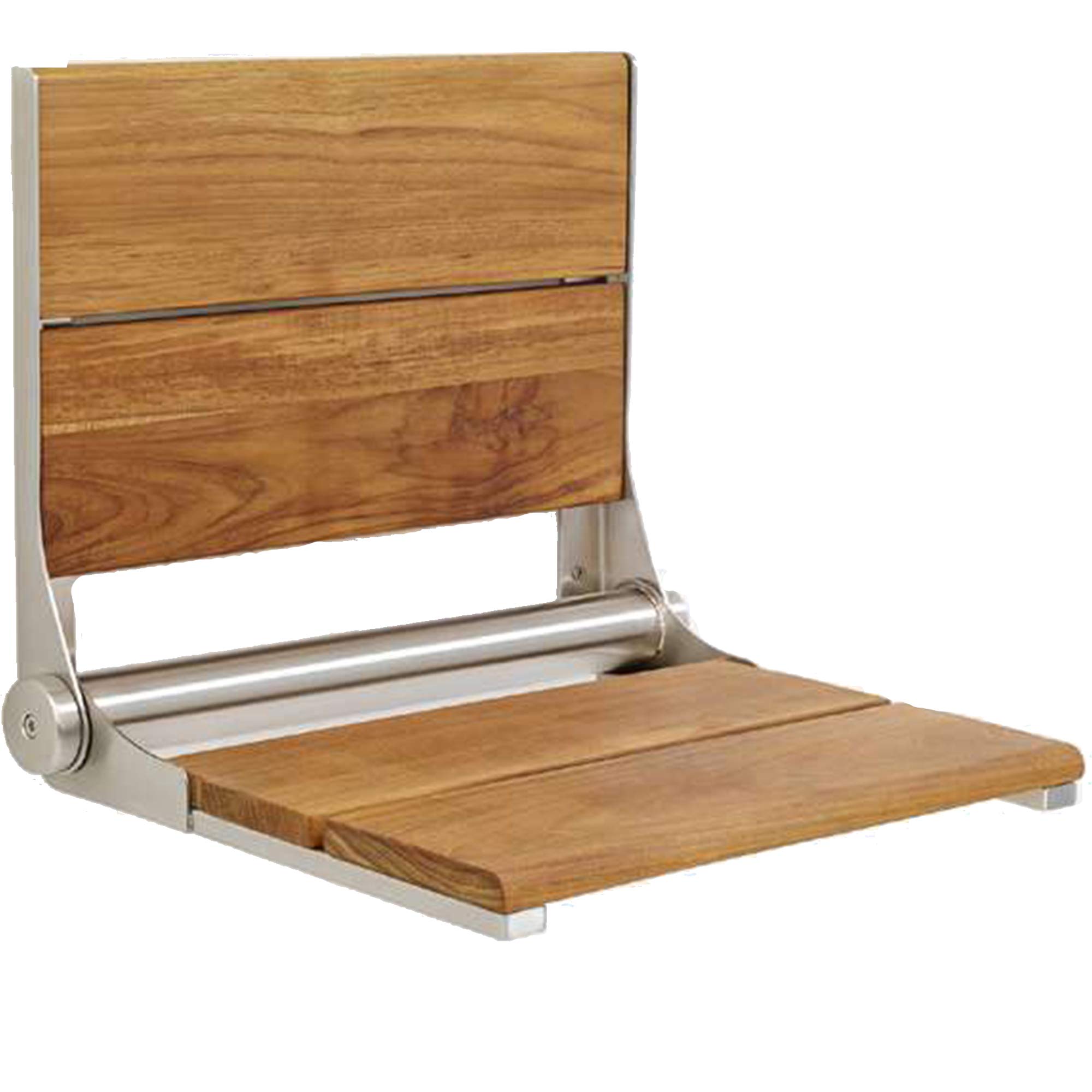 GBS Contour Wood Folding Shower Seat - Teak Wall Mount Bench/Bathroom Safety & Mobility Aid/Easily Folds Up Down/Seniors & Disabled/ADA Compliant/Stainless Steel/Polished Frame/18 x 16 inch