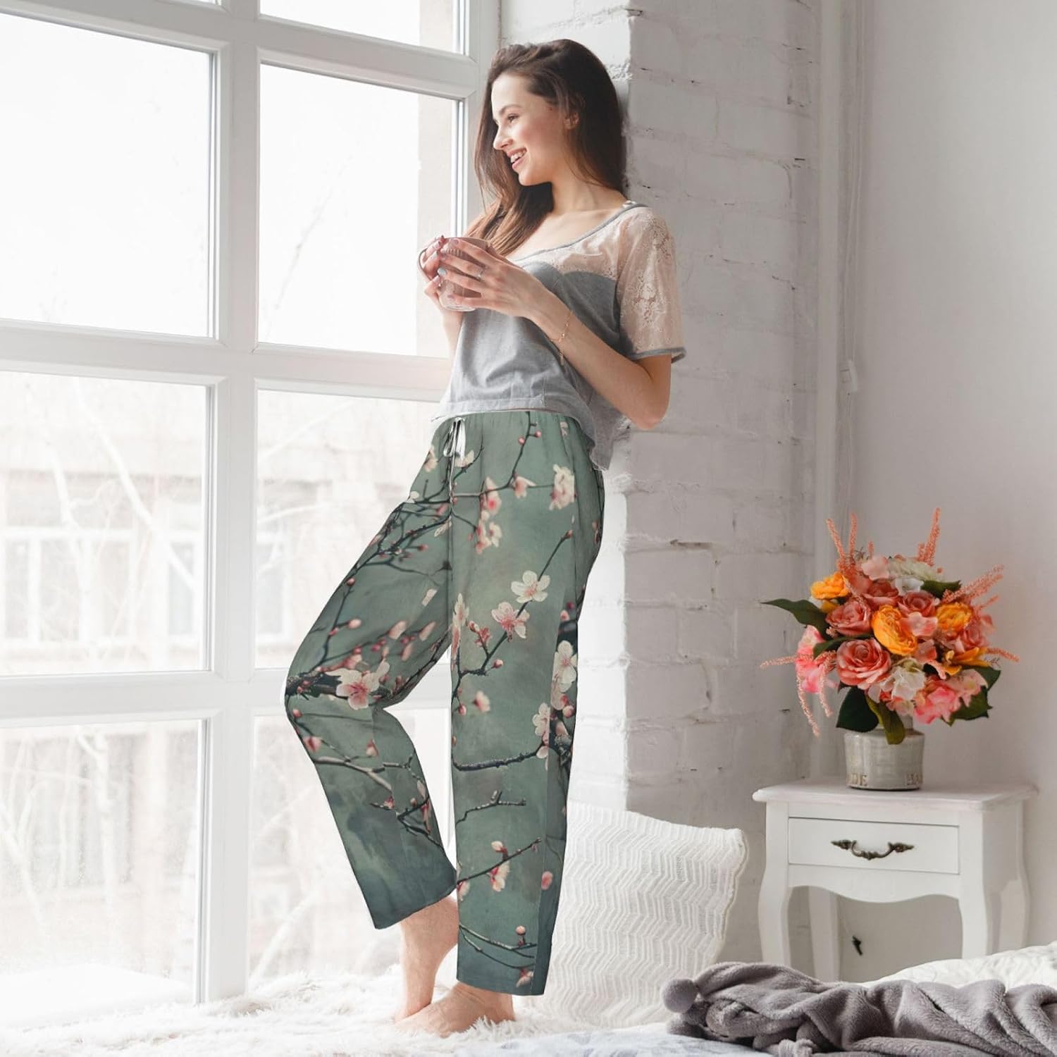 Japanese Cherry Flowers Print Fashion Cozy Womens Flannel Pajama Pants,Perfect For Christmas And Everyday Wear