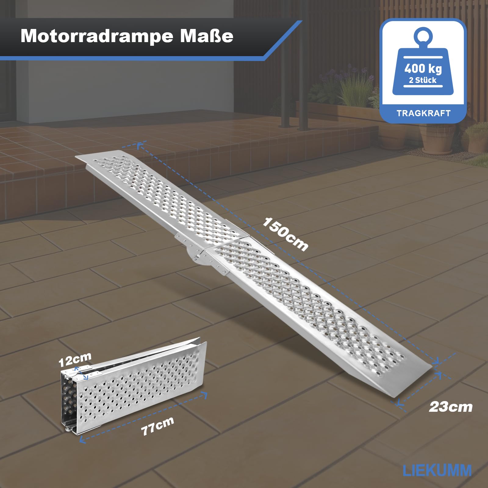 LIEKUMM 2 x składana rampa najazdowa, maks. 400 kg, 150 x 21,5 cm, aluminiowa rampa załadunkowa do motocykli, przyczep, quadów, samochodów osobowych
