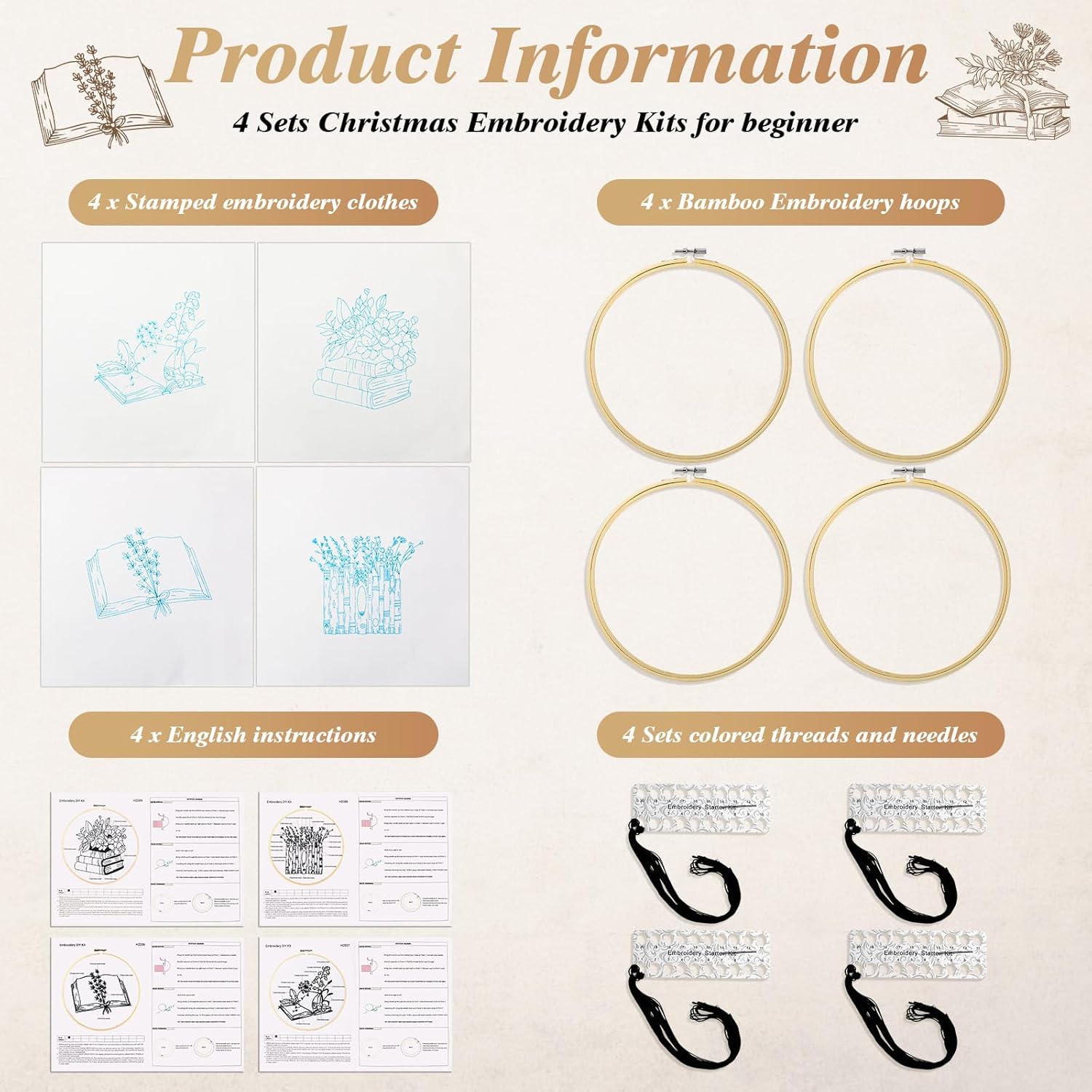 Unittype 4 Set Embroidery Kit for Beginners Adults Book Lovers Funny Cross Stitch Embroidery Kit with Bamboo Hoops Needles Threads Instructions Needle Threader(Stylish)