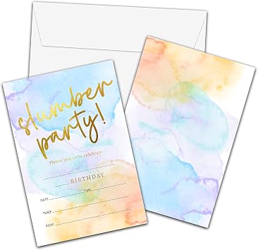 Pastel Rainbow Slumber Birthday Invitations with Envelopes - Birthday Party Invitation Card for Girls / Boys - Pajama Makeup Party Fill-in Invites Cards - Sleepover Party Celebration 20 Pack-09