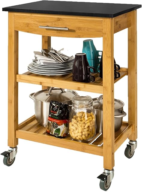 SoBuy FKW28-SCH, Bamboo Kitchen Trolley Cart Kitchen Storage Trolley Serving Trolley with Black Granite Countertop