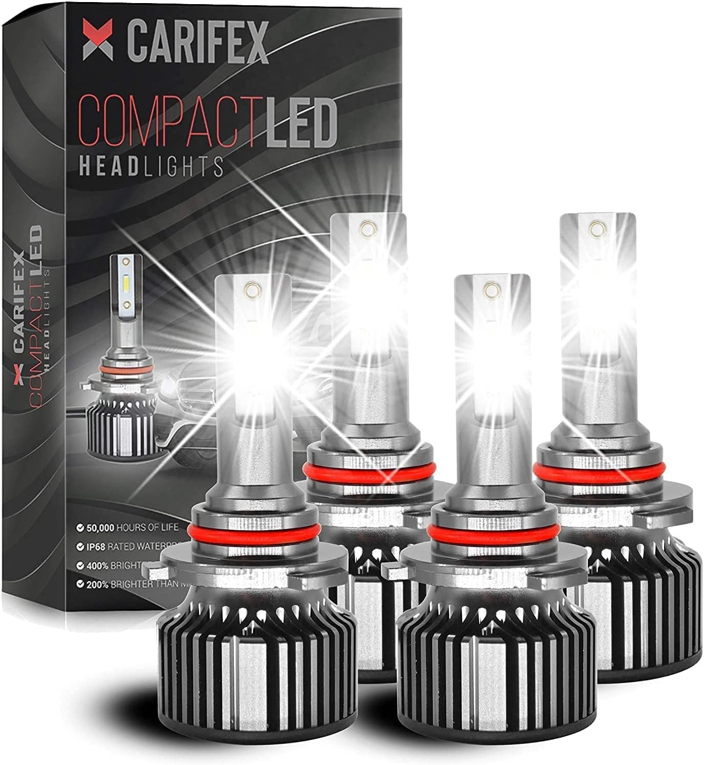 Carifex Compact LED Headlight Bulbs 9005/HB3 High Beam 9006/HB4 Low Beam LED - 400% Brighter Than Normal Headlights - CSP Chips - 6000K - Cool White - 30,000 Hours of Life - Headlight Combo Package 4