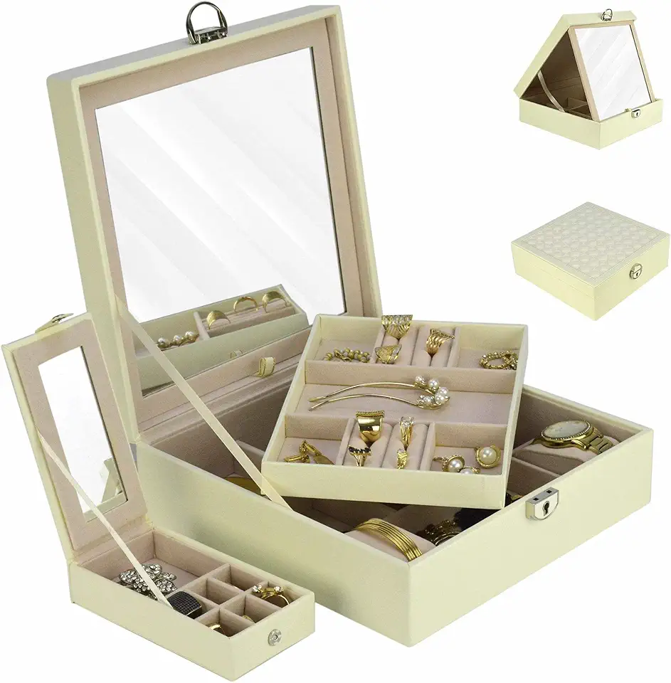 Caixa Para Joias Bijuteria Espelho Luxo Creme CBRN13043