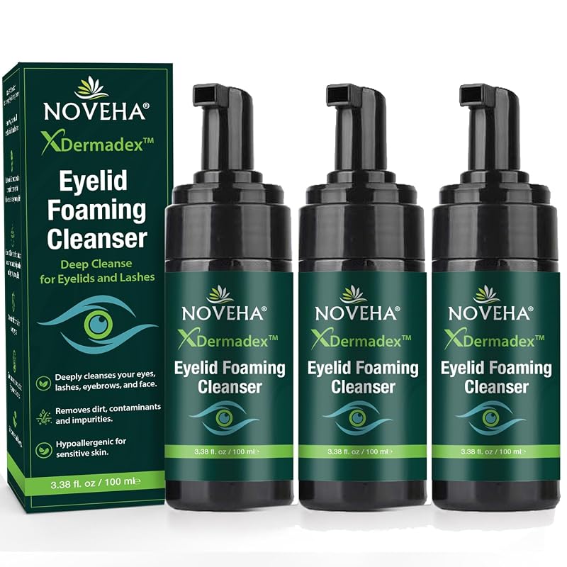 Espuma de limpeza para pálpebras e rosto NOVEHA com óleo de melaleuca, óleo de coco, vitamina E e pró-vitamina B5, 3 unidades de 100 mL