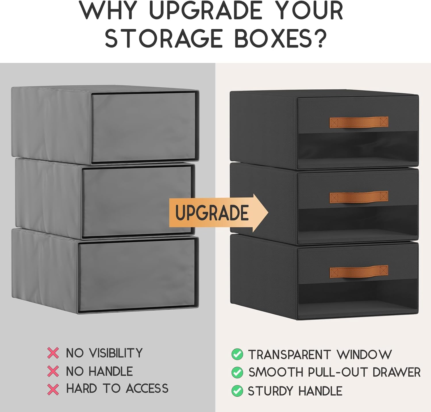 Large Closet Storage Bins - 6 Pack Pull-Out Stackable Fabric Boxes with Clear Window, Foldable Closet Visible Storage Container for Bedroom, Living Room, Home Shelves, Black