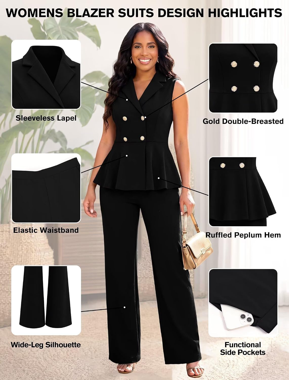 kaimimei Women's 2 Piece Sleeveless Formal Blazer Pants Suits with Pockets