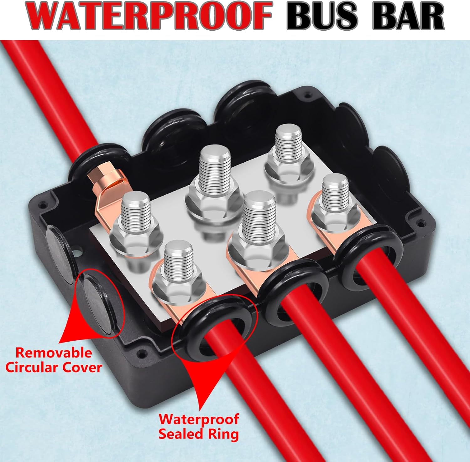 500A Marine Bus Bar Heavy Duty Power Distribution Block, Battery Busbar, Waterproof Automotive Buss Bar with 4X 5/16" (M8) +2X 3/8" (M10) Studs for Car, Boat and Solar Wiring (Black+Red)