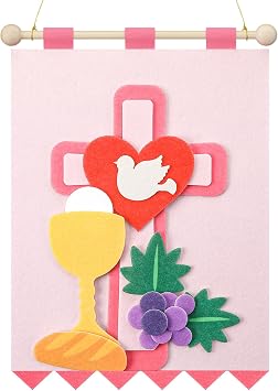 Wettarn First Communion Banner Kit for Girls Boys 9 x 12 DIY First Holy Communion Felt Banner Catholic Crosses Chalices Craft Pack Church Sunday School Crafts for Kids Baptism Party Decoration
