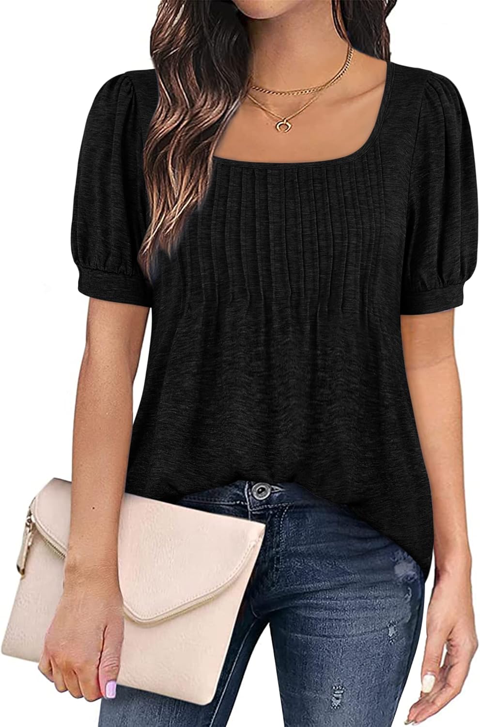 Zwurew Women's Summer Casual Puff Short Sleeve T-Shirts Square Neck Pleated Flowy Trendy Tunic Tops for Leggings S-2XL - Image 2