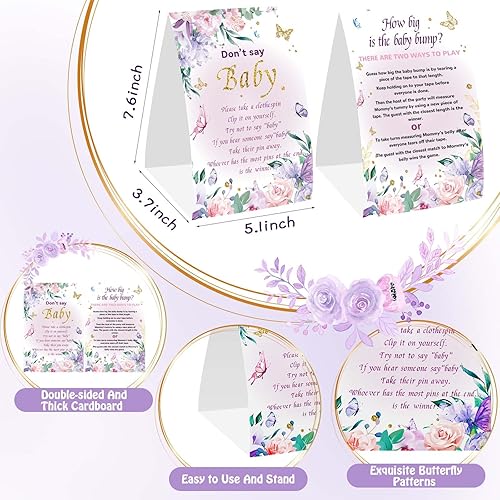 Miniatura 2 de Los juegos de mariposa para baby shower firman qué tan grande es la barriga de mamá y no digas bebé, 2 rollos de medición de abdomen y 50 mini