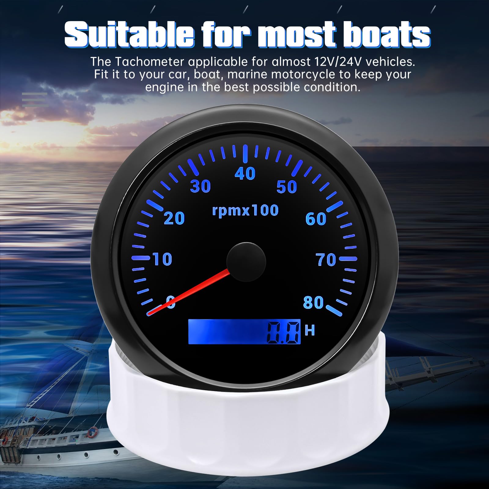 Medidor distancia moto Tacómetro de 85 mm para motor barco, medidor tacómetro digital 0 a 8000, sensor M16 para diésel gasolina 12 V y 24