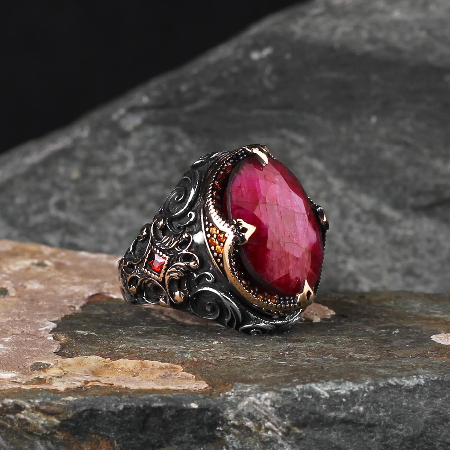 BayVog Ruby Stone Men's Sterling Silver Eternity Ring, 925 Sterling Silver, Ruby Gemstone, Handmade Turkish Silver Ring, Gift for Him