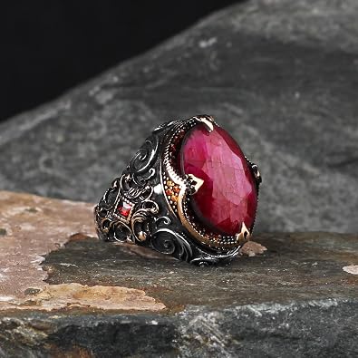 BayVog Ruby Stone Men's Sterling Silver Eternity Ring, 925 Sterling Silver, Ruby Gemstone, Handmade Turkish Silver Ring, Gift for Him