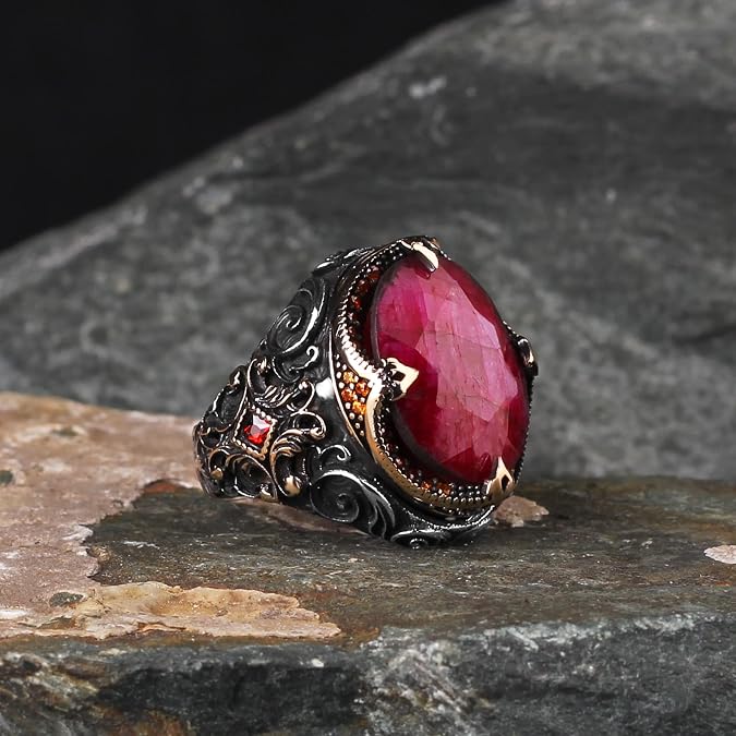 BayVog Ruby Stone Men's Sterling Silver Eternity Ring, 925 Sterling Silver, Ruby Gemstone, Handmade Turkish Silver Ring, Gift for Him
