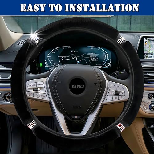 Miniatura 5 de Funda para volante con diamantes de imitación de cristal brillante, protector elástico universal de 15 pulgadas para mujeres y niñas (negro)