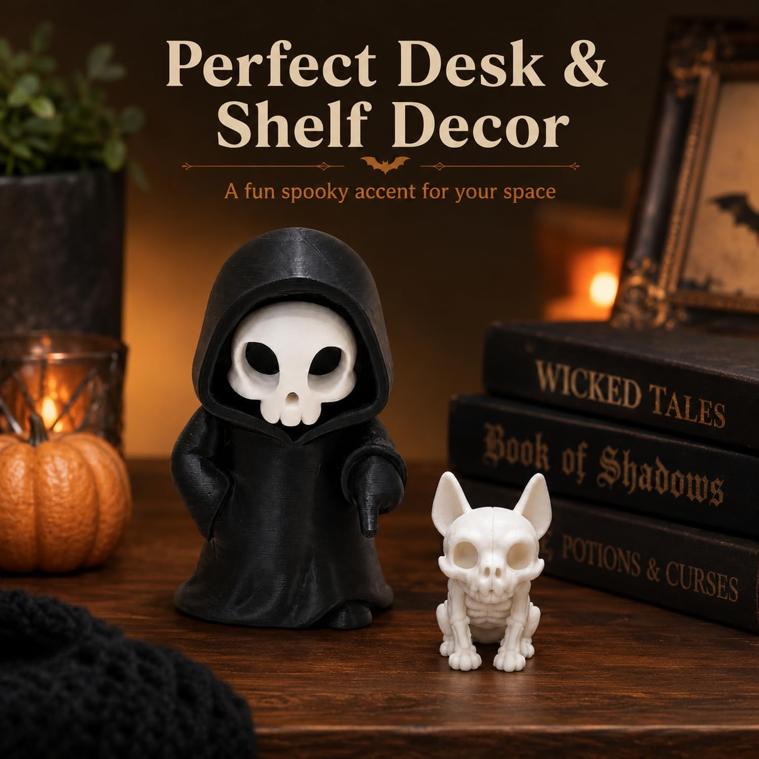Halloween Grim Figurine with Skeleton Dog Companion, Cute Black Hooded Mini Skeleton Statue Set, Kawaii Spooky Decor, Tabletop Desk Display Ornaments