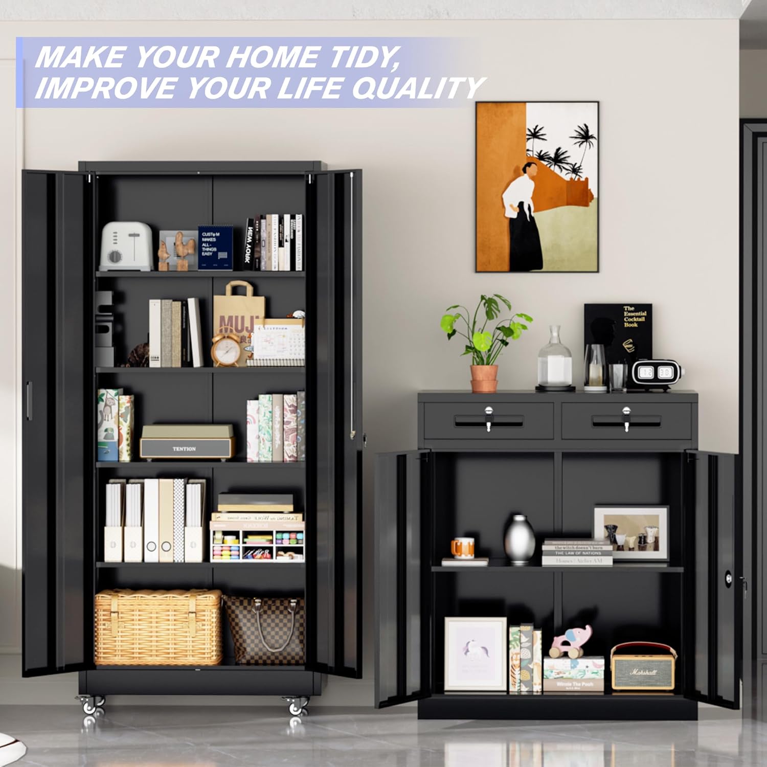 Pataku 73" Metal Storage Cabinet with Wheels, Garage Storage Cabinet with 4 Adjustable Shelves & Lockable Doors for Garage Home Office, Heavy Duty Tool Cabinets