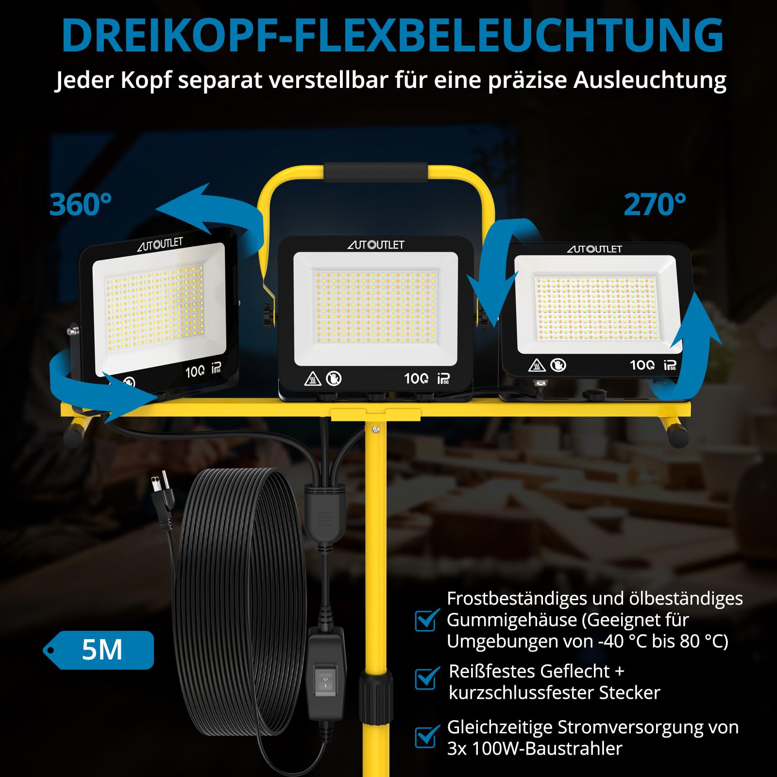 AUTOUTLET Baustrahler LED mit Rollstativ 300W, 3000K/5000K/6500K & 5M Kabel | 27000LM Baulampe mit Feststellbremse, 118-174cm Höhenverstellbar Stativ, IP66 Wasserdicht, Abnehmbar, für Garage Baustelle