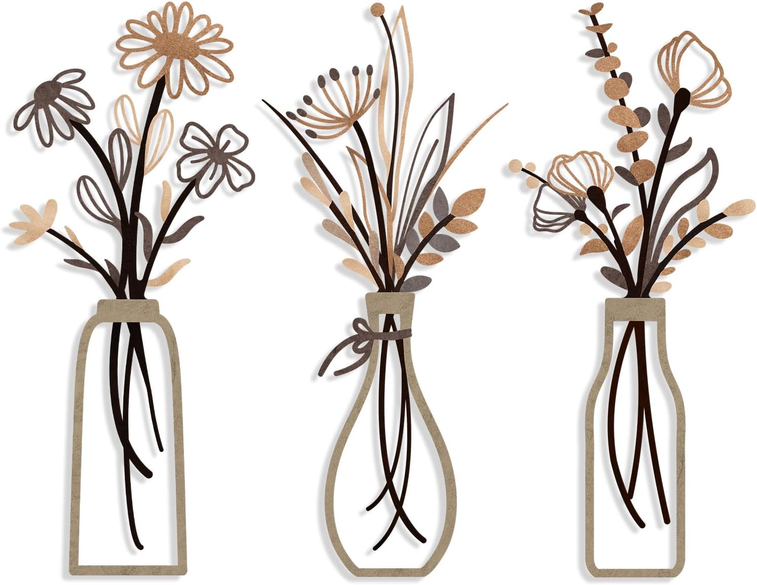 3 Pieces Metal Flowers Wall Arts - Rustic Farmhouse Style Décor Metal Wall Art Black Minimalist Flower Natural Themed Wall Decors for Home Bedroom Dining Room Housewarming (Brown)