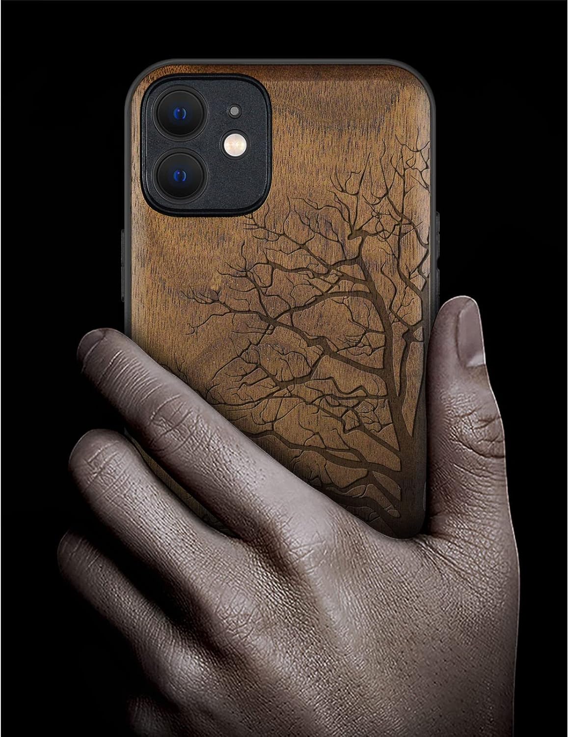 Carveit Magnetic Wood Case for iPhone 12 Case [Hard Real Wood & Black Soft TPU] Shockproof Hybrid Protective Unique & Classy Wooden Cover Compatible with MagSafe (Eternal Tree Carving-Walnut)