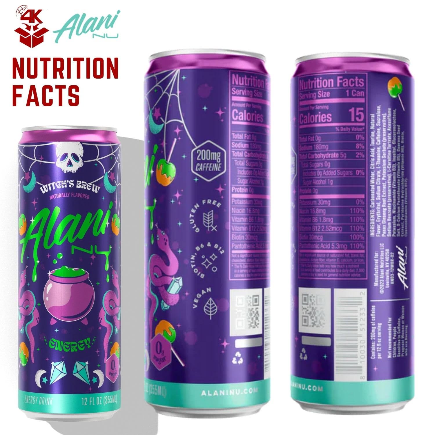 Alani Nuu Witches Brew Pack of 6, 12fl oz, 4k Logistics Bundle