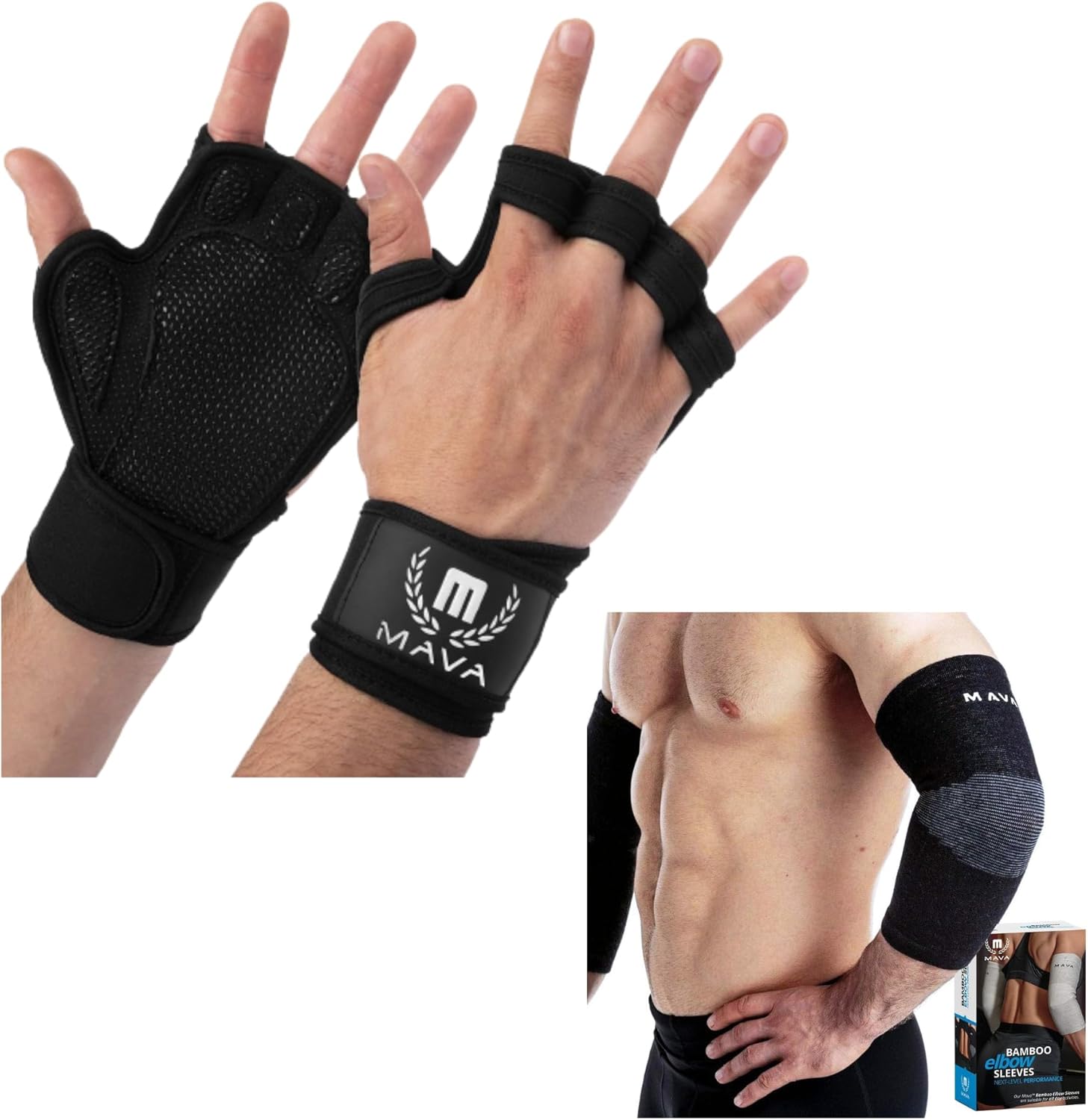 Mava Sports Ventilated Weightlifting Workout Gloves with Wrist Support Elbow Sleeve Weightlifting Bamboo Support Sleeve for Men and Women (Black Small)
