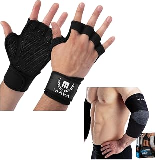 Mava Sports Ventilated Weightlifting Workout Gloves with Wrist Support Elbow Sleeve Weightlifting Bamboo Support Sleeve for Men and Women (Black Medium)