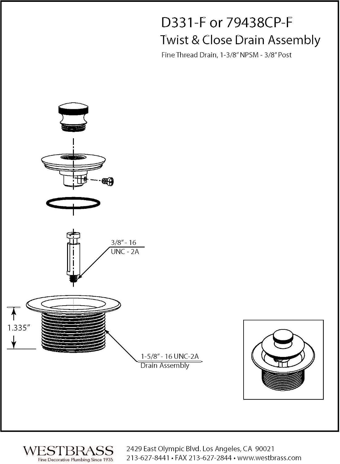 Westbrass 1-1/4" NPSM (1-5/8"-16 UNC-2A) Fine Thread Twist & Close Bath Drain Plug, Polished Chrome, 79438CP-F