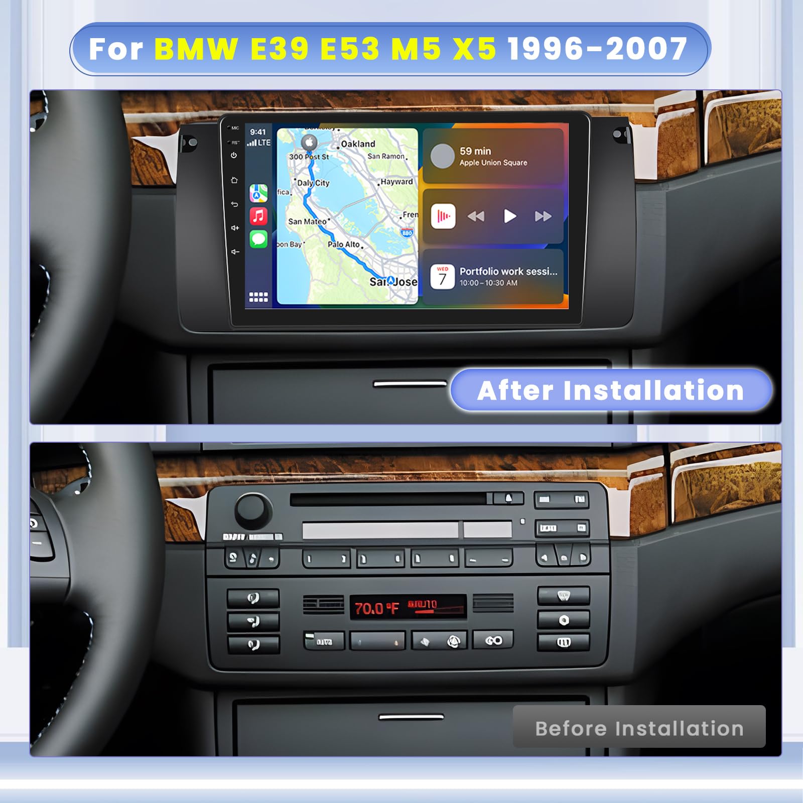 HIkity [8 Core 4+64GB] Android 15 Autoradio, Carplay Android Auto sans Fil, pour BMW E39 E53 M5 X5 1996-2007 Radio, Hikity Écran Tactile 9’’ Bluetooth Stéréo Mirror Link GPS WiFi SWC USB