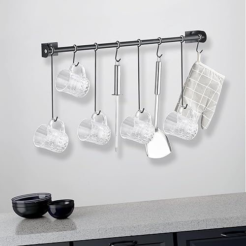 Vista 8 de Soporte para tazas de café montado en la pared, moderno soporte de metal para tazas de té, riel de 15.7 pulgadas con 8 ganchos para utensilios