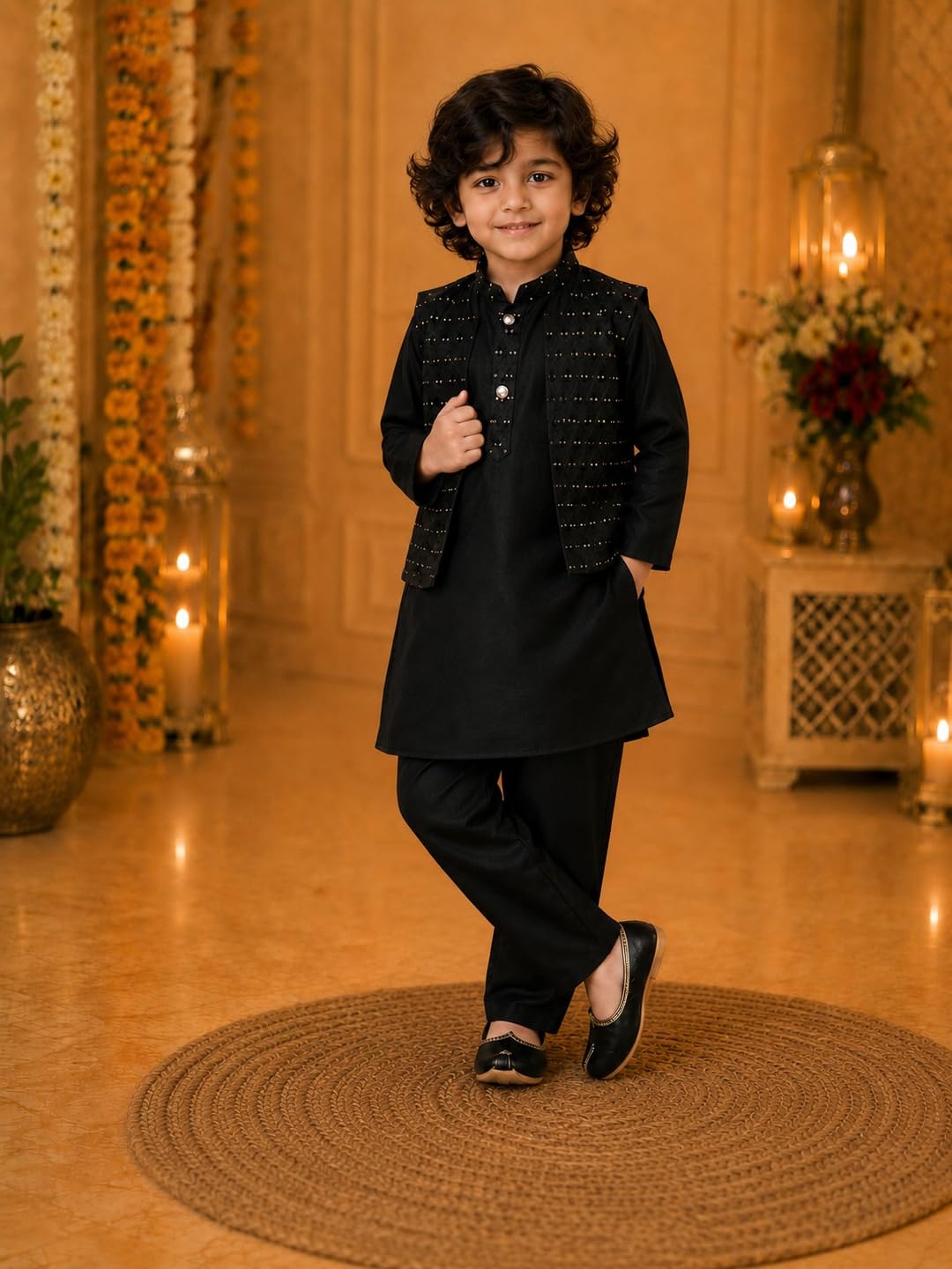 superminis Baby Boys Cotton Printed Kurta and Pyjama Set with Sequins Jacket