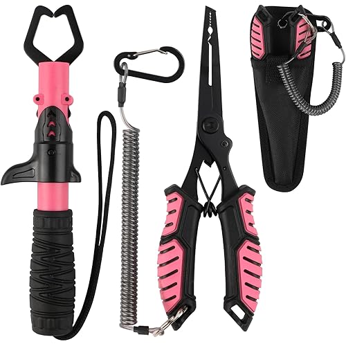 mouhike Fishing Pliers Fish Lip Gripper Fishing Tool Kit Muti-Function Saltwater Fishing Line Cutter Hook Remover with Sheath Lanyard, Fly Ice Fishing Gear Fishing Gifts for Men Women