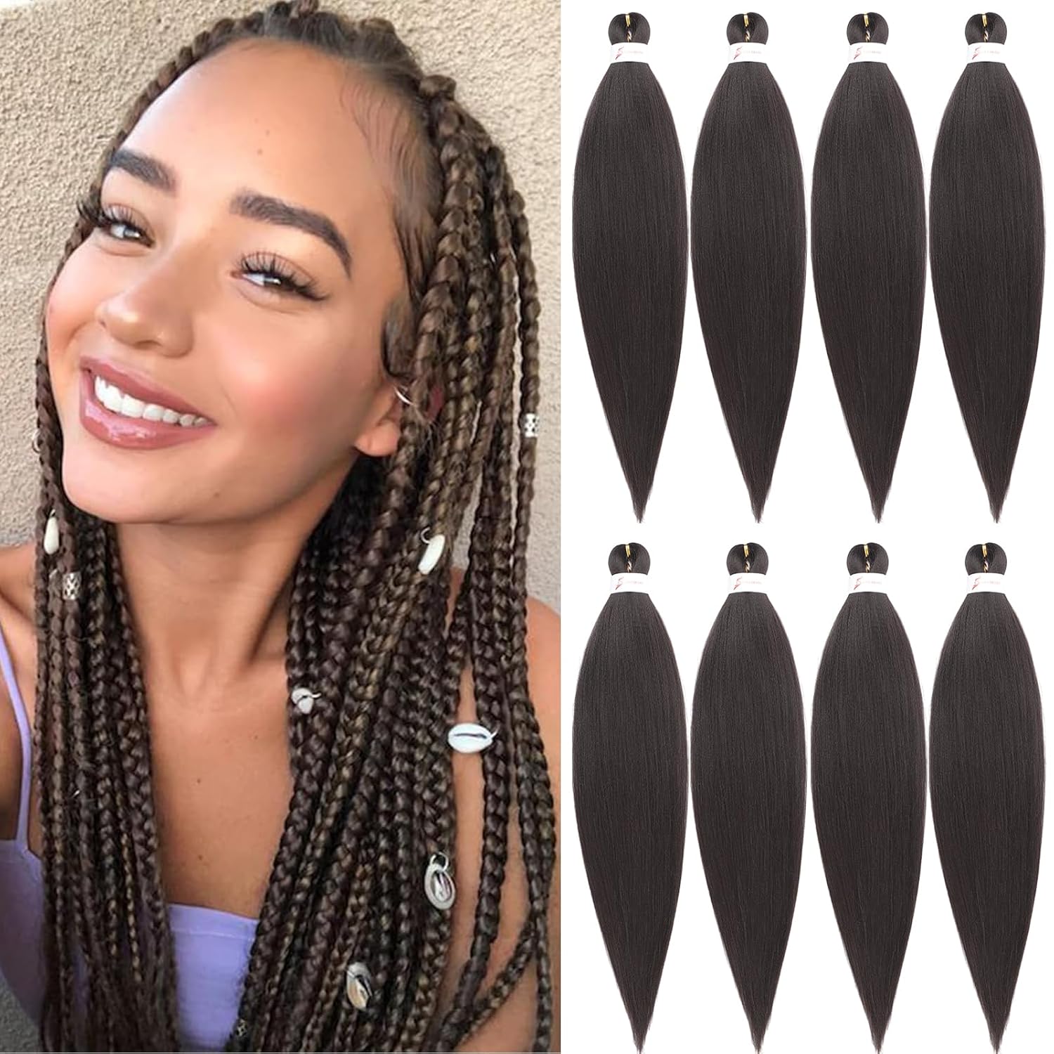 Brwon Braiding Hair Pre stretched 18 Inch 8 Packs Pre stretched Braiding Hair Ago Pre Stretched Hair For Twist Yaki Texture Synthetic Hair Extension Itch Free Hot Water Setting(18", 30#)
