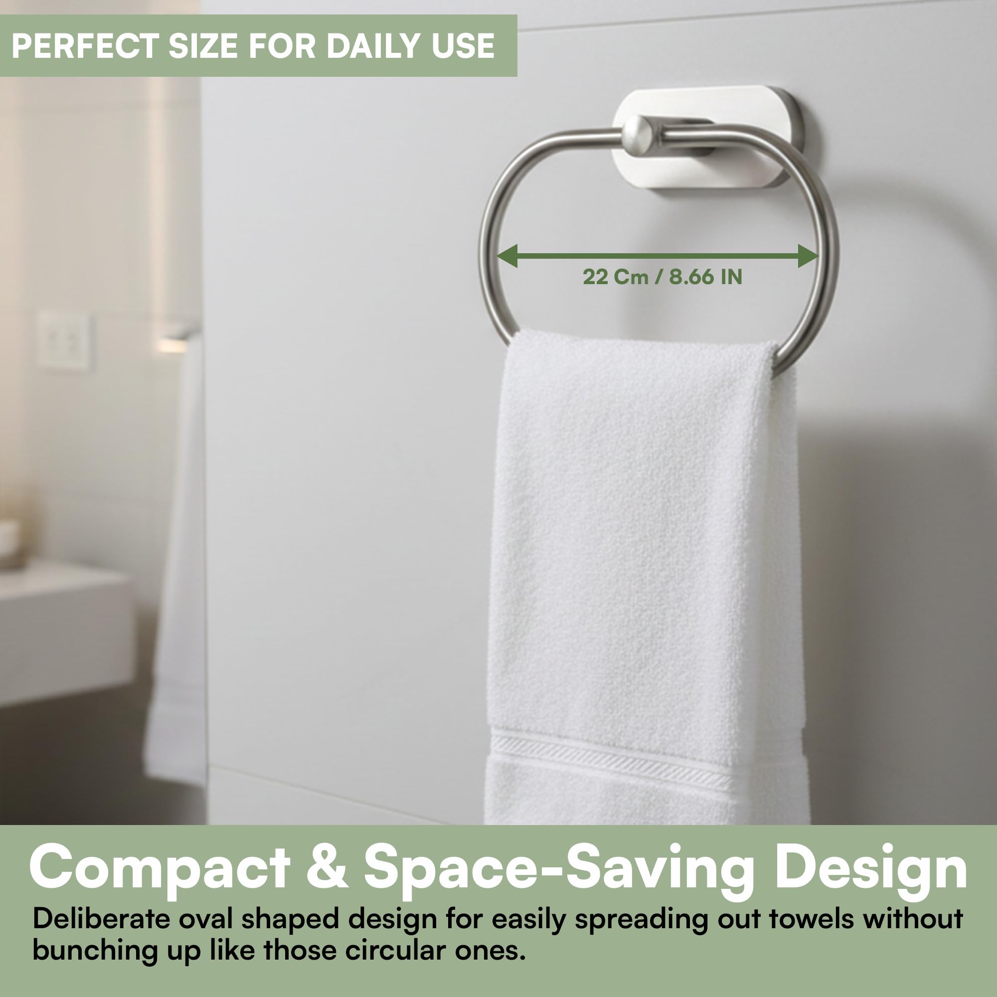 Oslen Magic Sticker Self Adhesive Stainless Steel Towel Ring Holder – Capsule Shape Wall Mount, Chrome Finish, Rust-Resistant, Space-Saving Bathroom Accessory for Hand Towels No Drilling (Pack of 1) 1