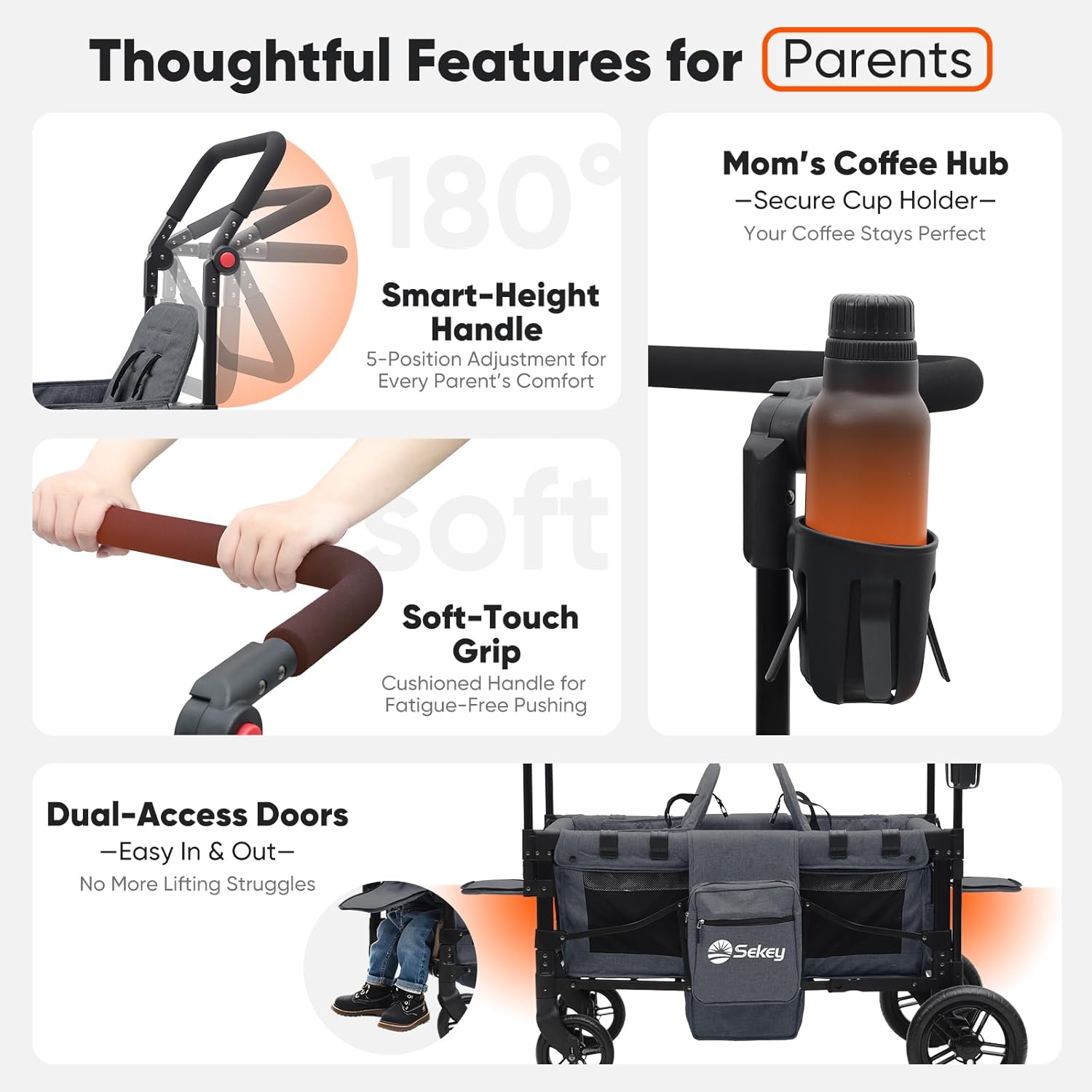 Sekey Wagon Stroller for 2 Kids, Luxury 4-in-1 Stroller Wagon - Premium Quality with Convertible Seats, Adjustable Push Handles, Removable Canopy, Snack Tray & Cooler, US Certified